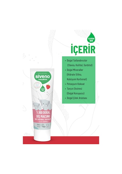 Siveno %100 Doğal Diş Macunu Bebek Ve Çocuk İçin Çilekli Aromalı Florürsüz 50 Ml