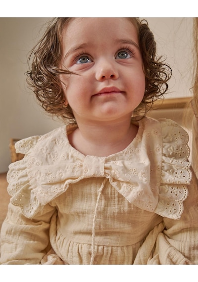 Magu Kız Bebek Pamuklu Bej Fisto Yaka Elbise Uzun Kollu, Katlı Model