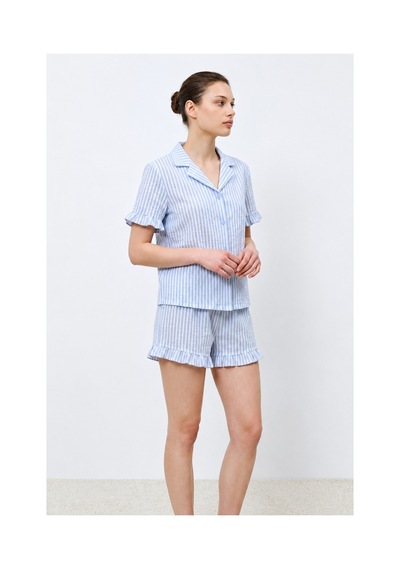 Fit Women Kadın Premium Fırfırlı Mavi Pijama Takımı