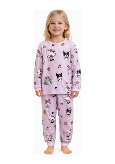 Kuromi Hello Kitty Desenli Kız Çocuk Pijama Takımı Beyaz