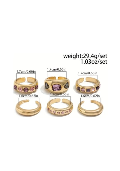 Liore 6 Adet Zirkon Lila Taşlı Şık Tasarım Çoklu Ayarlanabilir Gold 18 Ayar Altın Kaplama Yüzük Seti