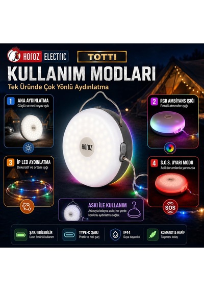 Horoz Electric Tottı Led Şarjlı Kamp Lambası 2w Type-c Rgb İp Işıklı S.o.s Modlu
