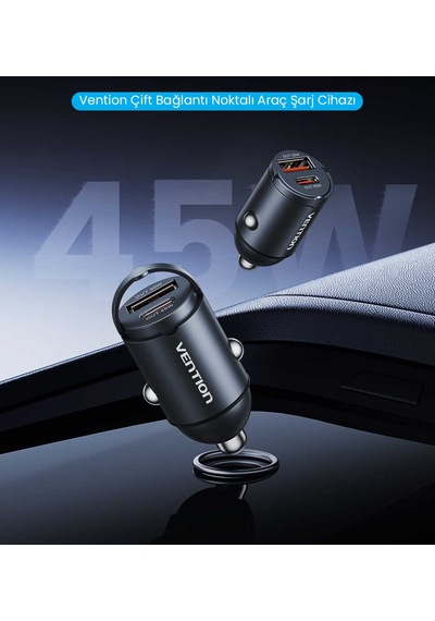 Vention 45w Çift Portlu Usb A+c 45w/30w Alüminyum Gövdeli Hızlı Araç Şarj Cihazı Siyah - Ffs 45w Black
