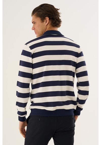 Çizgili Yarım Fermuarlı Polo Yaka Uzun Kollu Sweatshirt Lacivert