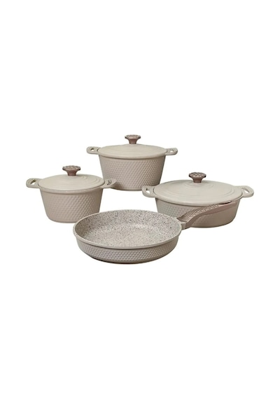 Triana - 3537 - 9 Parça Biogranit, Döküm, Tencere , Tava, Çeyiz Seti - Krem Renk Krem