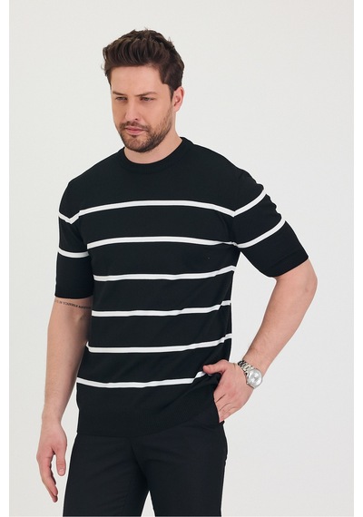 Cool Tarz Erkek Bisiklet Yaka Kalın Çizgi Detaylı Kısa Kollu Ince Triko T-shirt Siyah Siyah