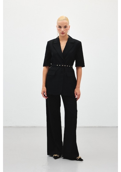 Sateen Bol Paça Keten Pantolon - Siyah-136411 Siyah