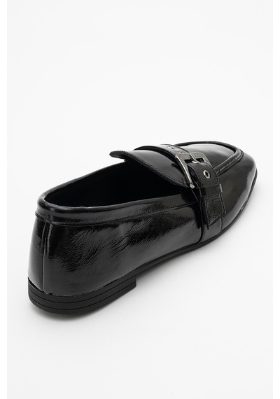 Luvishoes Luvi Shoes Clarıon Siyah Rugan Hakiki Deri Kemerli Küt Burun Kadın Loafer Ayakkabı SİYAH RUGAN