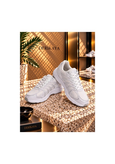 Derikaya Kadın Beyaz Bağcıklı Düz Taban Günlük Sneaker Ayakkabı