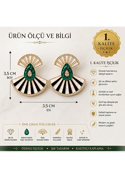 Renk Seçenekli Taş Detaylı Yelpaze Tasarım Küpe Siyah