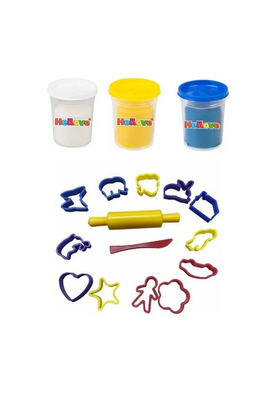 3 Adet Oyun Hamuru + Oyun Hamuru İçin Merdane Ve Kalıp Seti Play Dough