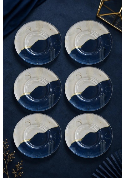 6 Lı Cam Çay Tabağı Lacivert Ekru Modern Geometrik Desenli 12 Cm 6 Adet Çay Tabak