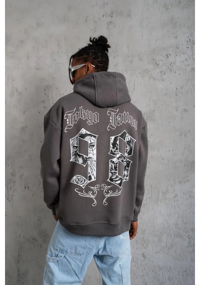 Erkek 3 İplik Pamuklu Kapüşonlu Baskılı Cepli Oversize Sweatshirt Hoodie - Gri