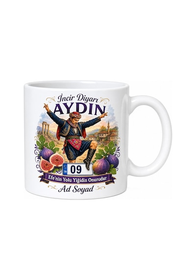 Aydın Plakalı Zeybek Oynayan Efe Çizimli İncir Diyarı Kupa Bardak Hediye Beyaz / Çok Renkli