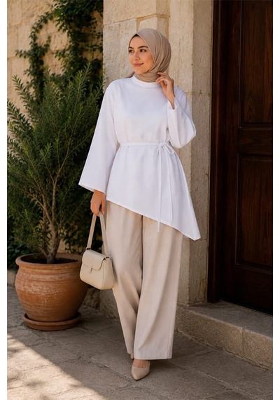 Maşuka Asimetrik Kesim Belden Bağlamalı Bol Kollu Kadın Tunik & Bluz - Şık Ve Modern Tasarım Beyaz Beyaz Maşuka Asimetrik Kesim Belden Bağlamalı Bol Kollu Kadın Tunik & Bluz - Şık Ve Modern Tasarım Beyaz Beyaz