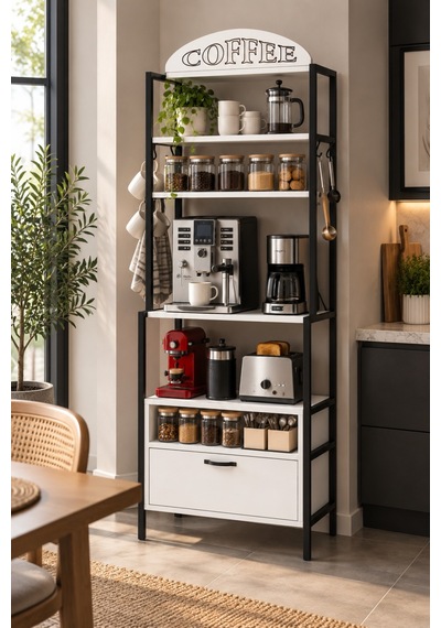 Sulorahome Metal Kahve Köşesi Ve Mutfak Düzenleyici Stand 196 Cm Beyaz