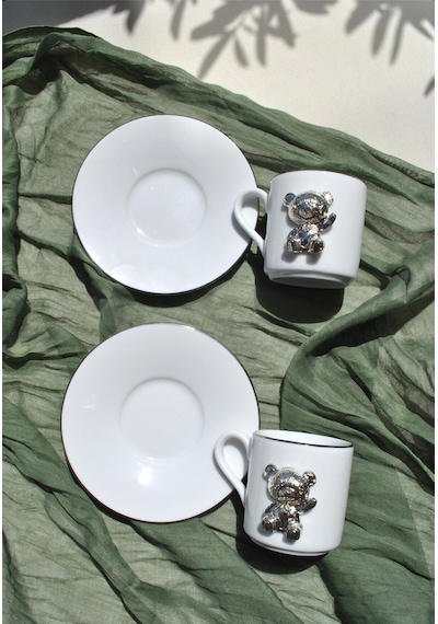 2'li Porselen Kahve Fincanı Teddy Bear Dekorlu Gümüş Yaldızlı Özel Tasarım Fincan 90 Ml