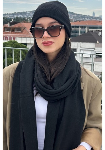 Mollycrush Kadın Kışlık Siyah Atkı Bere Seti Şık Örgü Set Siyah