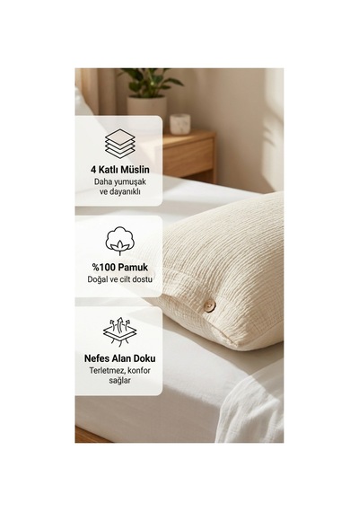 4 Katlı Müslin Naturel %100 Pamuklu 2 Adet Yastık Kılıfı 50x70cm Ekru - 870006769 Ekru