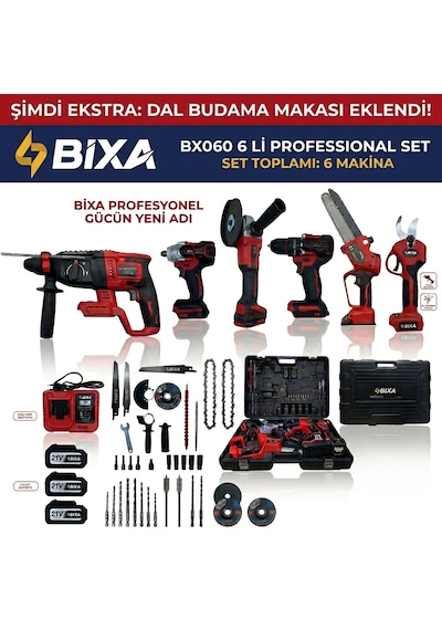 Bixa Bx060 Kömürsüz Motor 6'lı Set - Akülü Hilti Somun Sıkma Matkap Taşlama Testere Ve Dal Budama Makası