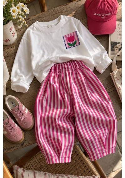 Defy Kız Çocuk Çiçek Baskılı Penye Ve Pantolon Takım Pembe