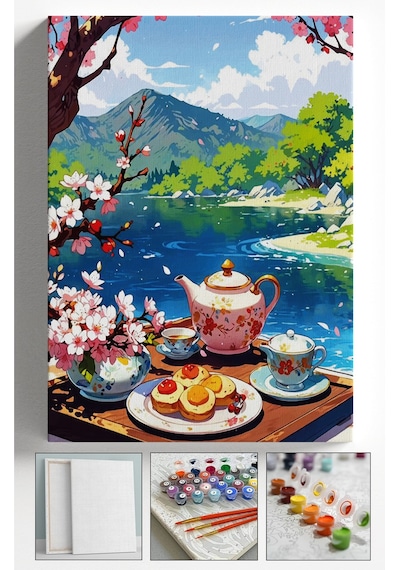 Sayılarla Boyama Çerçeveli Hobi Seti Numaralı Tuval Fırça Boya Dahil Kasnaklı Kahvaltı 40x50 Cm