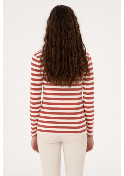 U.S. Polo Assn. Kadın Kiremit Çizgili Bisiklet Yaka Sweatshırt 50314203-VR026
