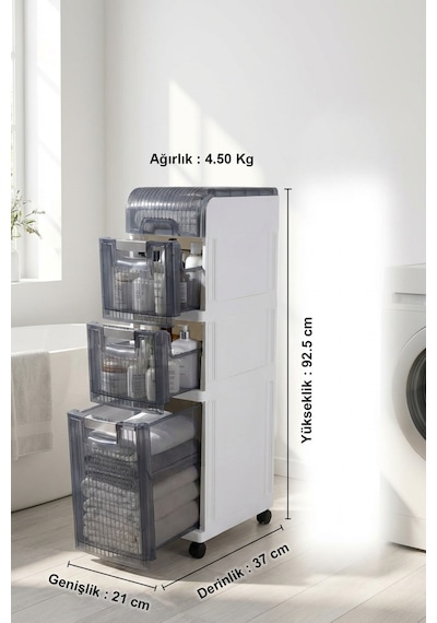 Makri Home Tekerlekli 3 Çekmeceli Dekoratif Dolap Beyaz, 20 Cm 37.5 Cm 92.5 Cm Beyaz