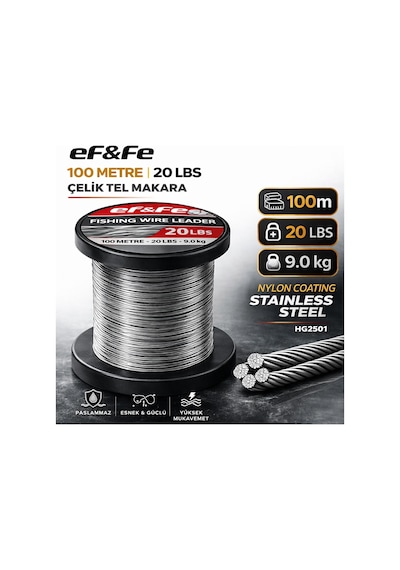 Effe Hg2501 Çelik Tel Makara 100m 20lbs 9.0kg Nylon Coating Stainless Steel 20 Lbs