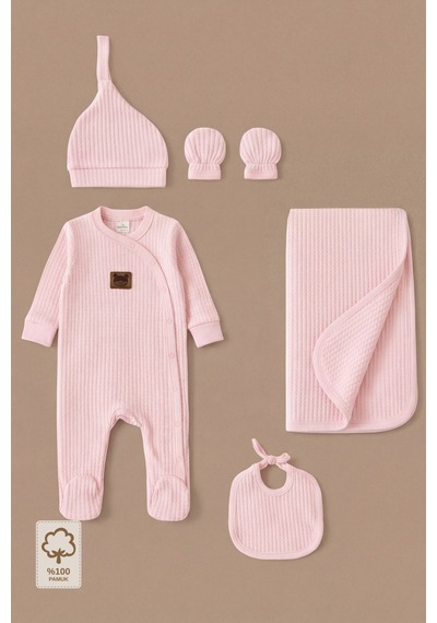 Minory Baby - %100 Pamuk 5'li Hastane Çıkışı Seti Yenidoğan 5'li Set Waffle Kumaş Pembe Pembe
