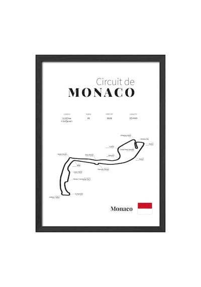 Monaco Formula 1 Siyah Ahşap Çerçeveli Poster, Dekoratif Harita Duvar Tablosu