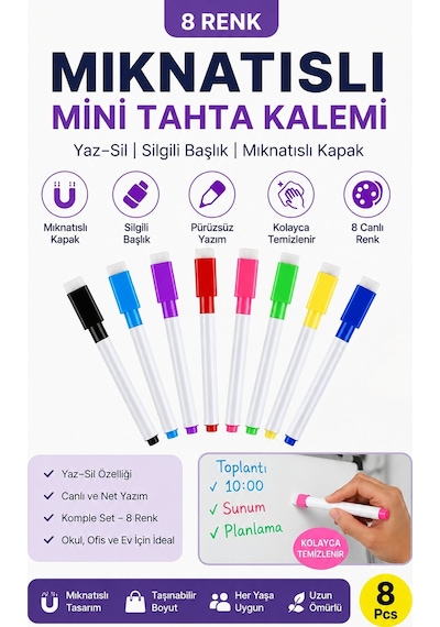 Silinebilir Mıknatıslı Mini Tahta Kalemi, 8 Renk, Yaz-sil, Yazı Tahtası Kalemi, Keçeli Silgili Kalem Çok Renkli