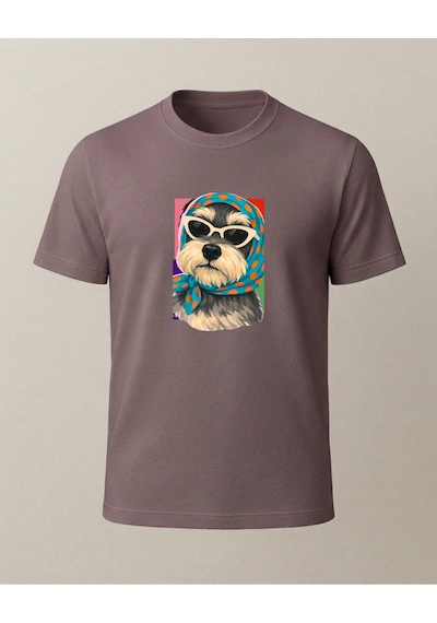 Başörtülü Gözlükü Renkli Köpke Baskılı T-shirt Kahverengi
