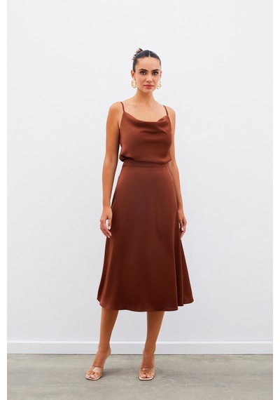 Sateen Midi Boy Saten Etek - Kahve-134960 Kahve