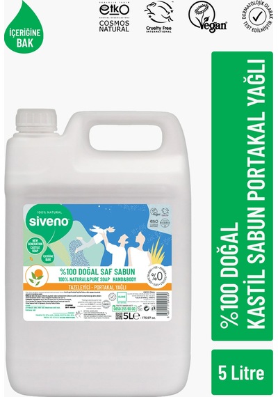 Siveno %100 Doğal Sıvı Kastil Sabun Portakal Yağlı Tazeleyici Nemlendirici Arındırıcı Bitkisel Vegan 5 L