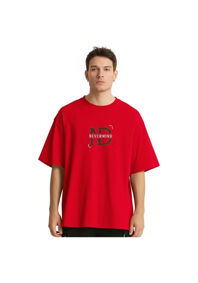 Nevermind Baskılı Oversize Tişört Erkek Streetwear T-shirt Kirmizi