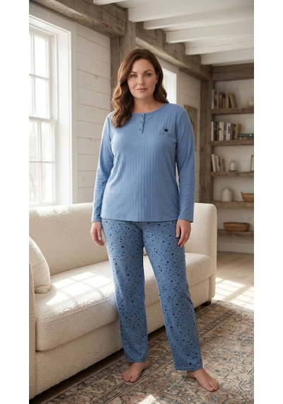 Eyfuze Kadın Büyük Beden Nakışlı Desenli Yakası Düğmeli Kışlık Uzun Kollu Pijama Takımı Koyu Mavi