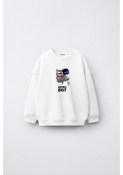 Fasardi Astro Bot Baskılı Oversize 3 İplik Şardonsuz Uzun Kollu Unisex Çocuk Sweatshirt Ekru