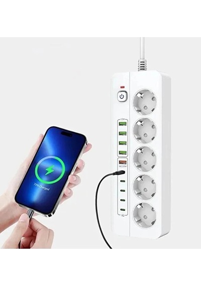 3500w Akım Korumalı 5 Li Grup Priz: 5x Usb + 5x Type-c Çıkışlı 2 Metre 1