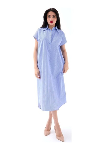 Efnaz Style 7450 Elbise-mavi Beyaz Çizgili Altın