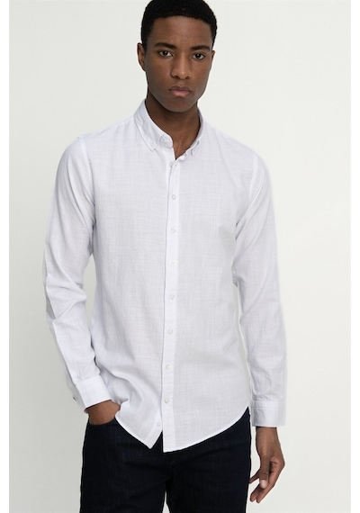 Tudors Slim Fit Uzun Kol Biyeli Yaka Düğmeli Keten Erkek Beyaz Gömlek-26921-beyaz Beyaz
