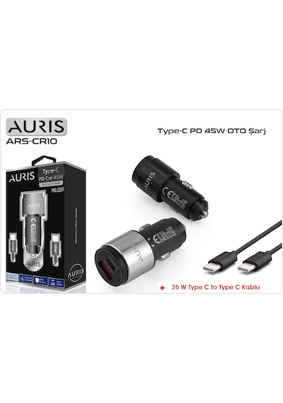 Auris Oto Çakmaklık 45 W Araç Şarj Cihazı Seti 2 Port Pd + Typec