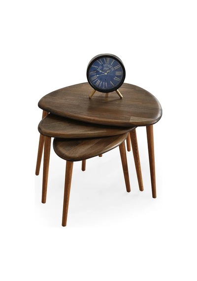 Favdecor Masif Doğal Ahşap Zigon Sehpa 3'lü Set Koyu Meşe