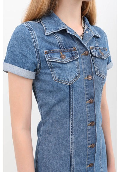 Kısa Kollu Önden Düğmeli Jean Elbise Mavi 001