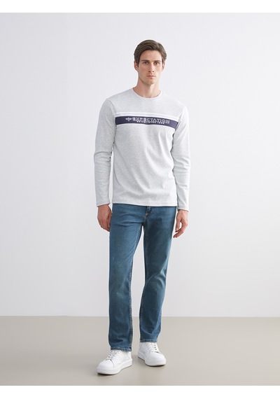 LC Waikiki Lc Waıkıkı Bej Bisiklet Yaka Baskılı Erkek Sweatshirt