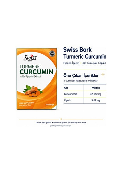 Swiss Bork Turmeric Curcumin Ve Piperin 30 Yumuşak Kapsül