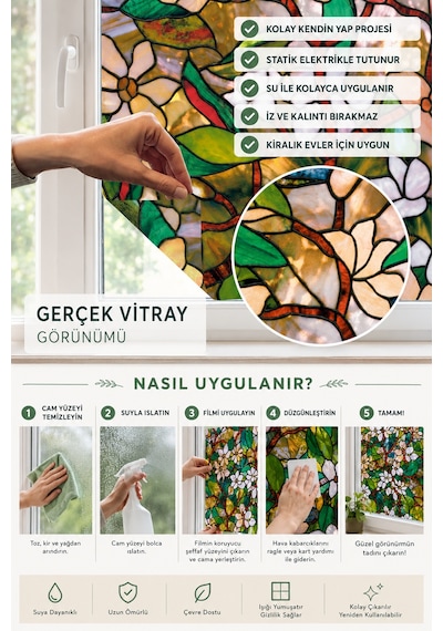Deconitte Statik Cam Filmi Vitray Gürünümlü 60x100cm Çıkarılabilir Dekoratif Desenli Buzlu Cam Kaplama Pencere Folyosu