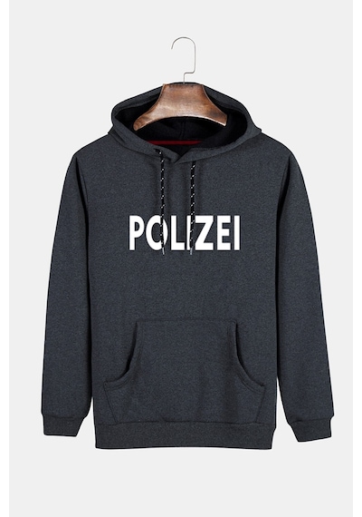 Unisex Füme Önü Polizei Baskılı Kapşonlu Sweatshirt Füme