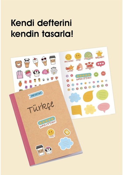 Çizgili Stickerli Kraft Kapak Defter Mavi 18,5 26 50 Yp. Turuncu Çok Renkli