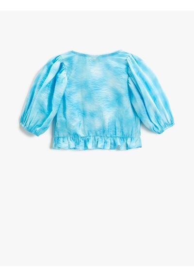 Koton Crop Bluz Balon Kollu Fırfırlı Mavi Desenli 2skg60141aw 2SKG60141AW6D0 Mavi